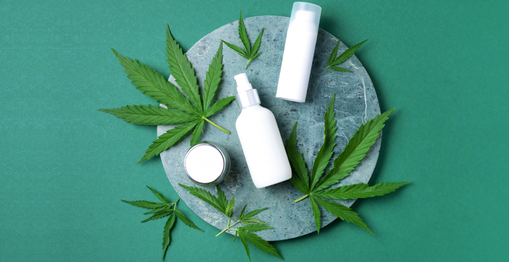 Cannabis plant leaves and cosmetics products. 