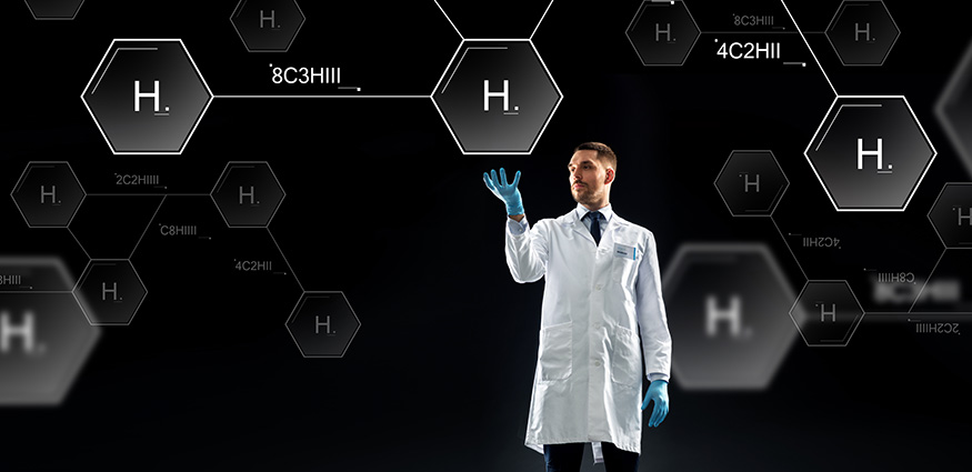 Image of scientist and chemical symbols. 